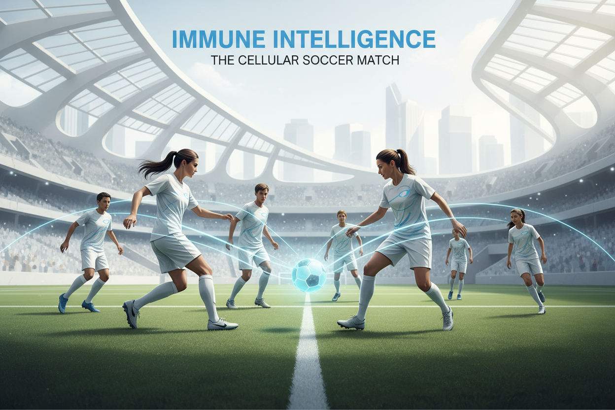Soccer team passing the ball across the pitch representing immune cell communication and signalling