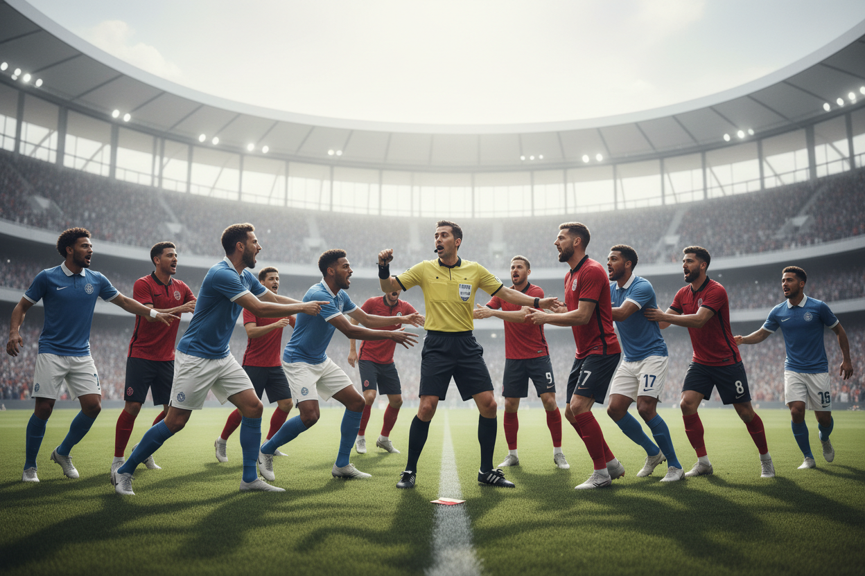 Soccer players and referee in a heated argument on the pitch representing chaotic and inefficient immune signalling