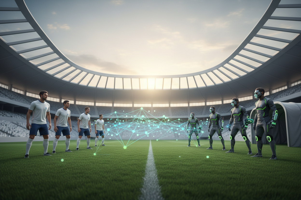 Two soccer teams on the pitch representing innate and adaptive immunity working as two interconnected systems