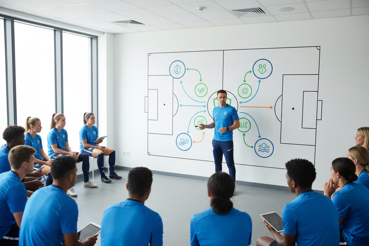 Soccer coach standing in front of a whiteboard drawing up a comprehensive multi-zone tactical plan with players gathered around representing structured immune support across all pathways