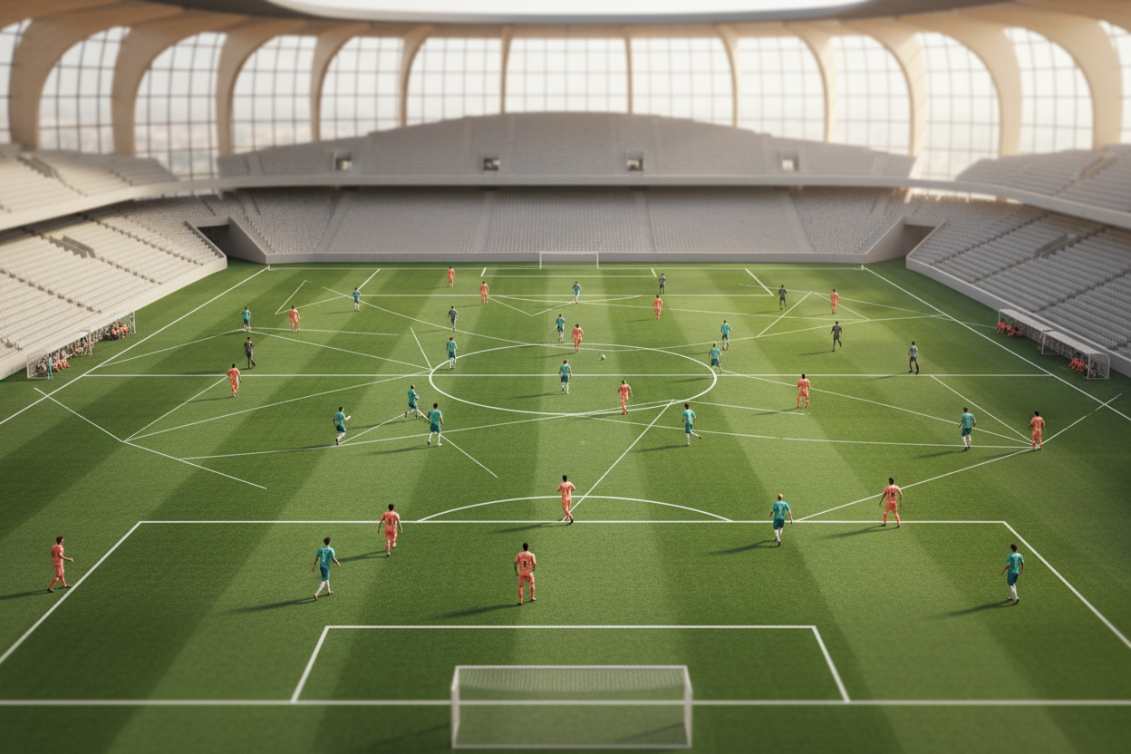 Bird's eye view of a full soccer pitch with all players across every zone representing the complete immune pathway system working together