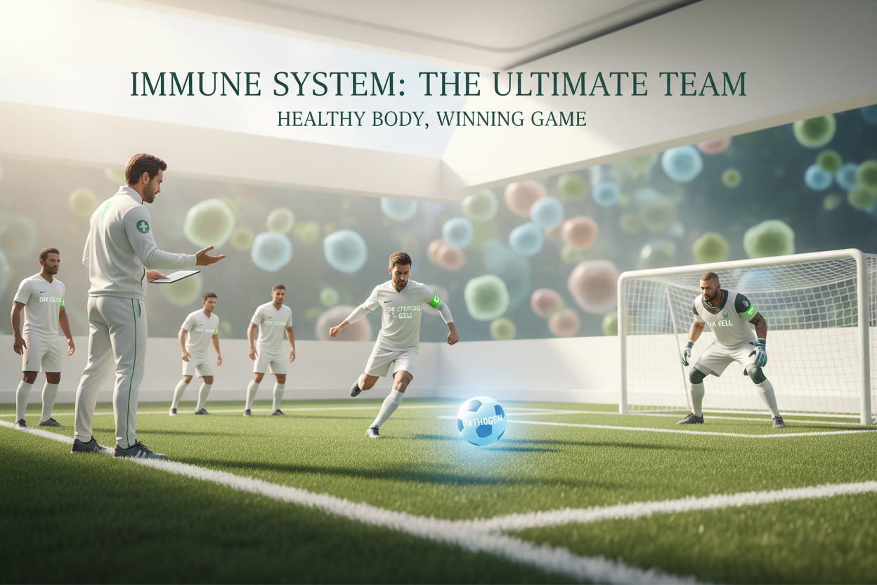 Soccer team analogy showing CD4, CD8, and Natural Killer cells working together as coach, striker, and goalkeeper