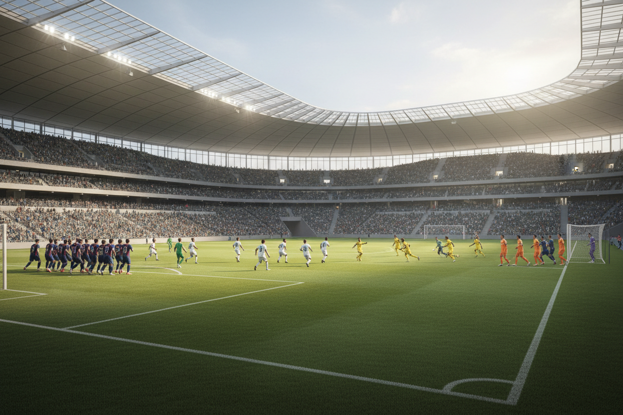 Full soccer match in progress representing the complete multi-stage immune response process
