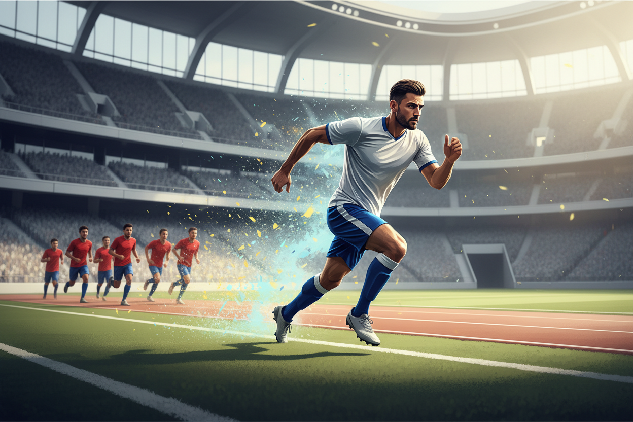 Soccer player sprinting at full speed ahead of the opposition representing a fast well-initiated immune response