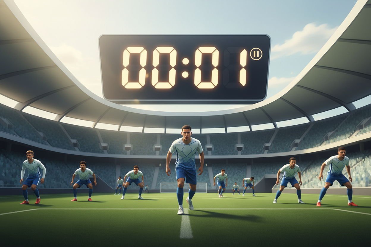 Stadium match clock at a critical moment with players poised on the pitch representing how timing shapes the entire immune response