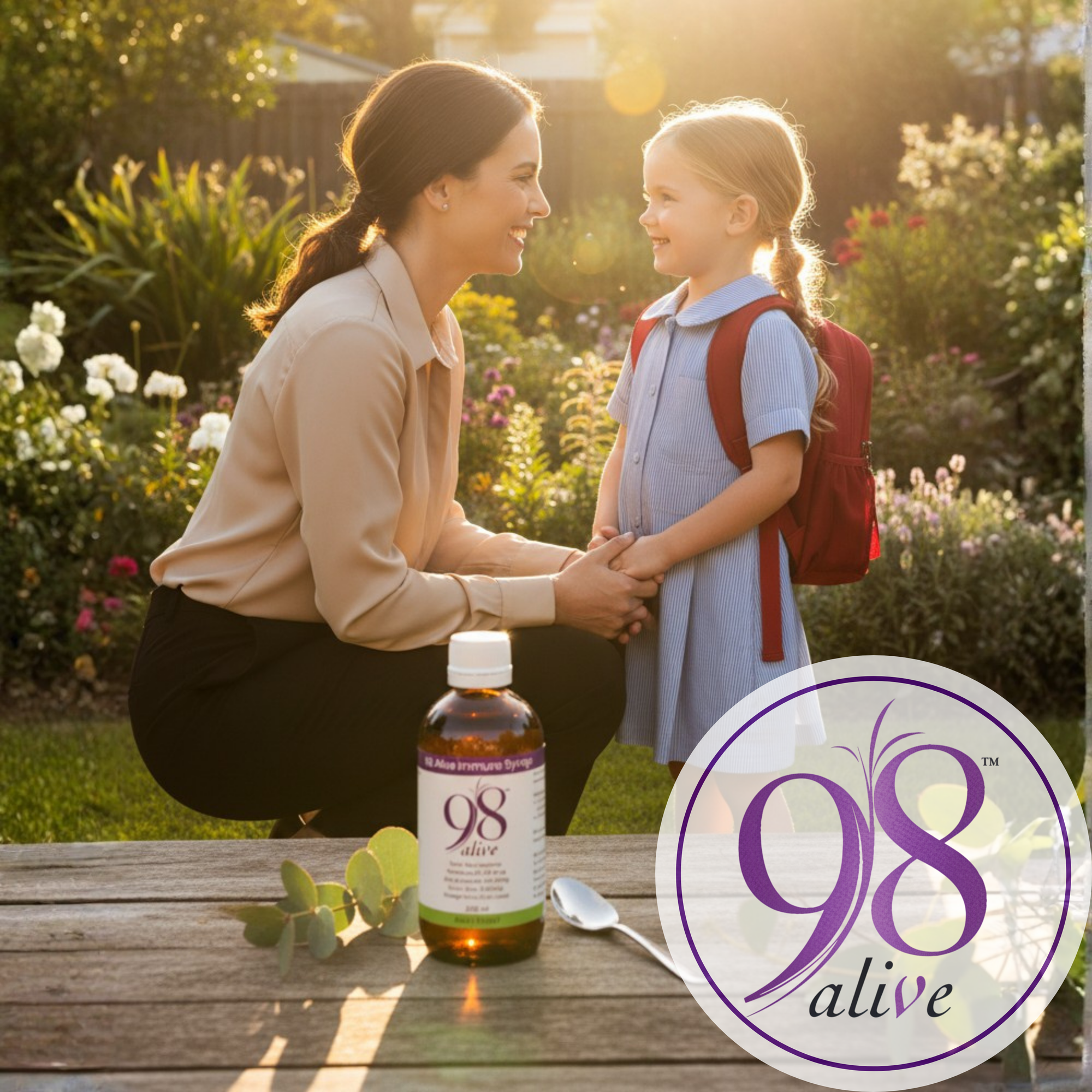 Woman and child in a garden with a bottle of 98 Alive supplement and logo.
