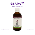 Bottle of 98 Alive Pain Relief Oil on a white background