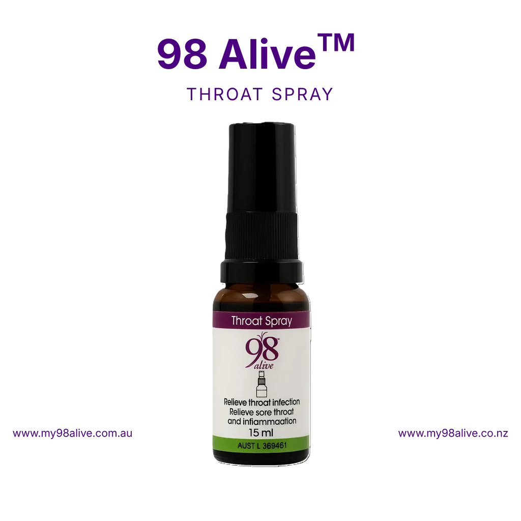 98 Alive Throat Spray 15ml bottle — fast-acting MOCB immune throat support