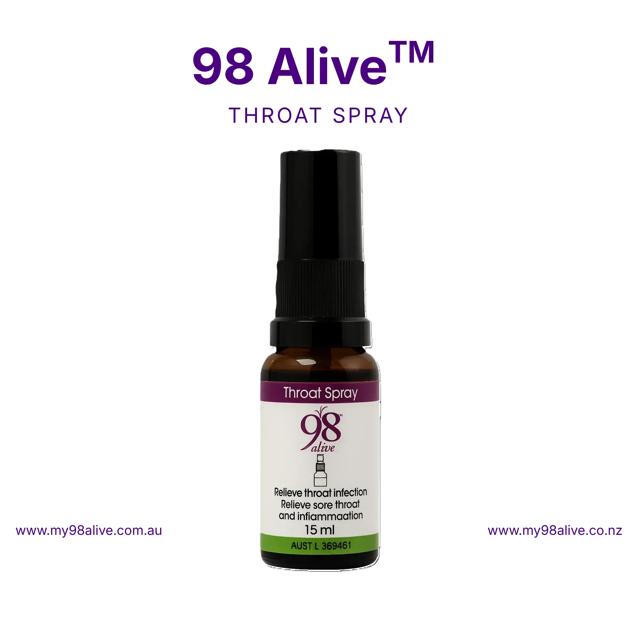 98 Alive Throat Spray 15ml bottle — fast-acting MOCB immune throat support