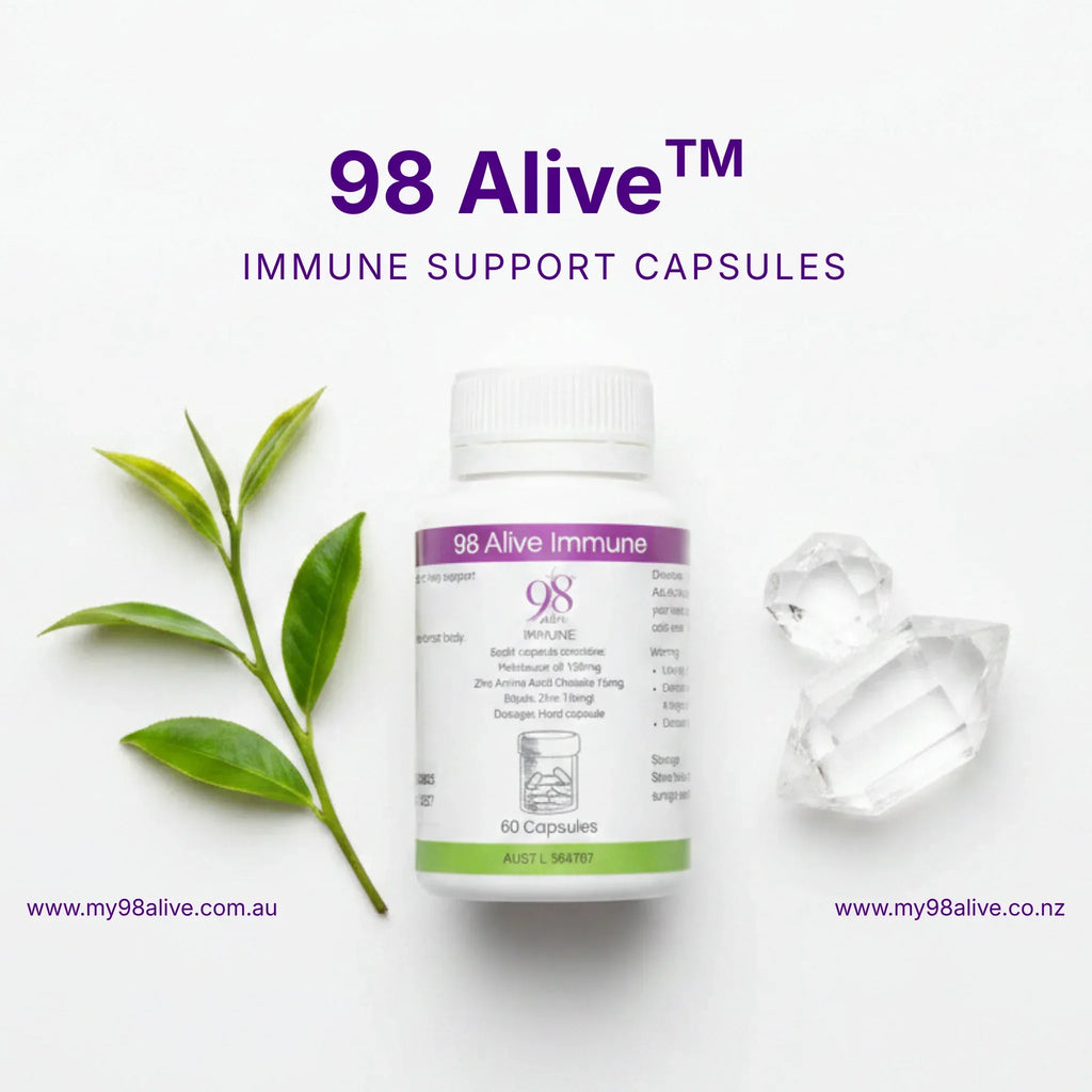 98 Alive immune support capsules with a leaf and crystal on a white background