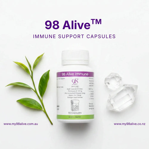 98 Alive immune support capsules with a leaf and crystal on a white background