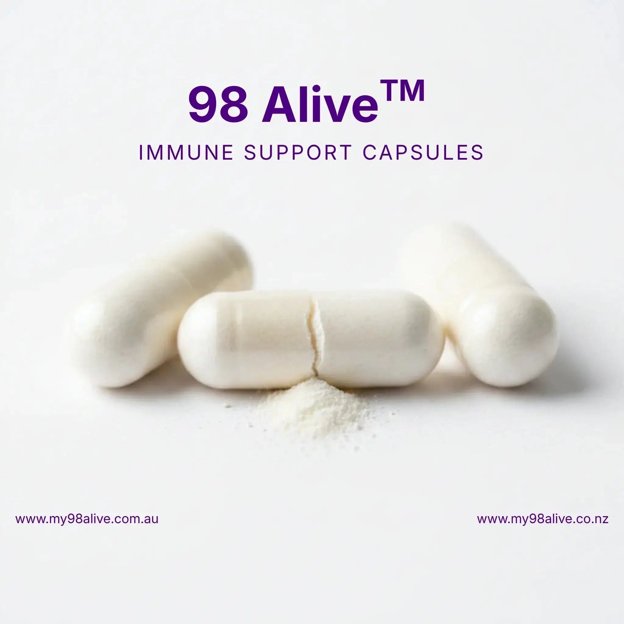 98 Alive immune support capsules on a white background with visible powder.